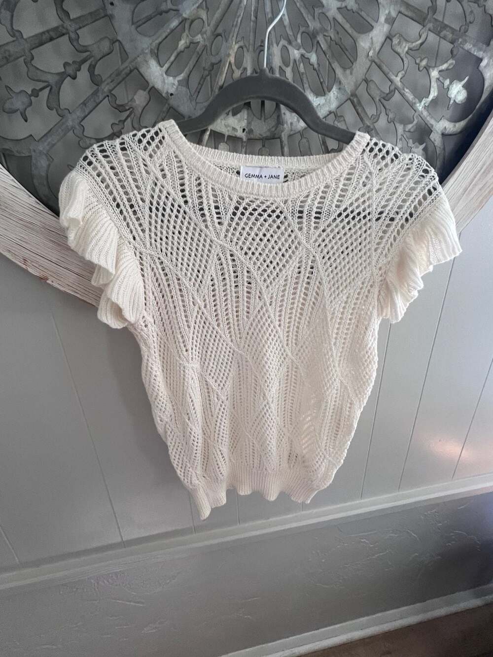 Gemma + Jane Cream Open Knit Flutter Sleeve Sweater